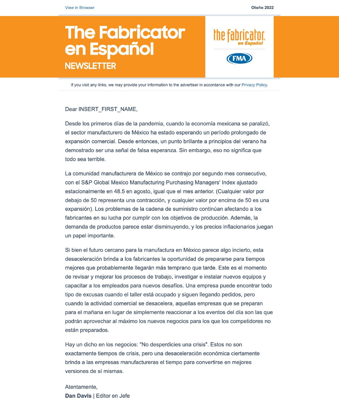 A mockup of The FABRICATOR en Espanol newsletter