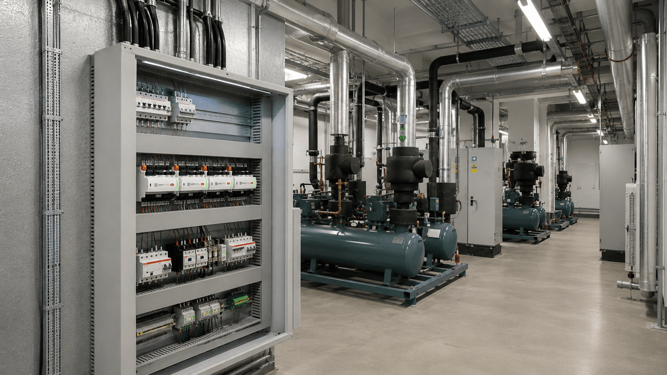 Salle technique avec armoire de régulation CAREL et compresseurs frigorifiques